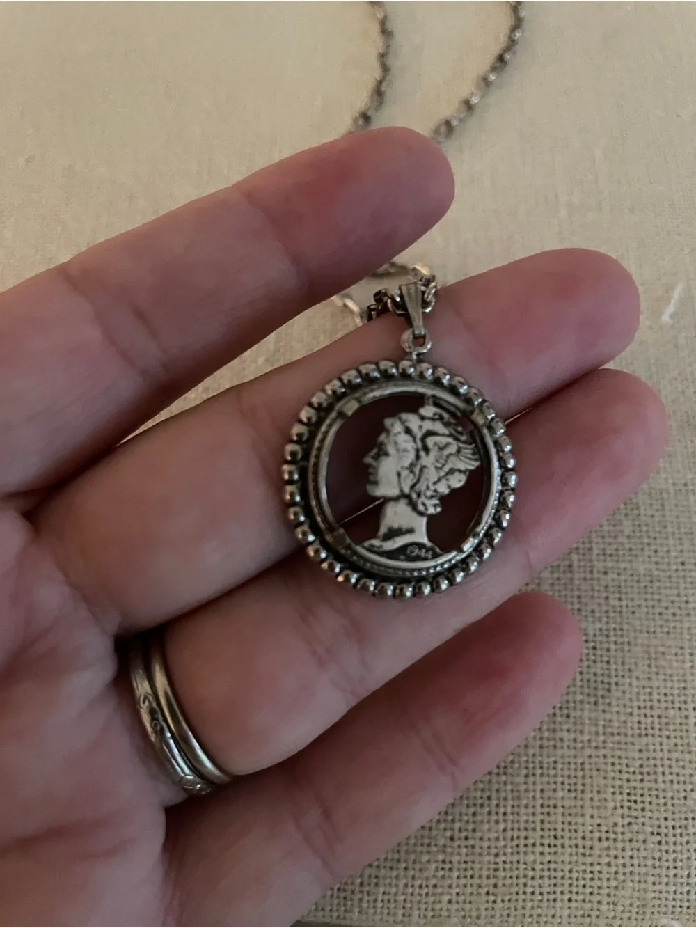 Long Sterling vintage chain & Silver Coin Pendant Necklace - Women Jewelry